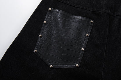 Studs PU Leather Panel Wide Leg Denim Jeans WN25799