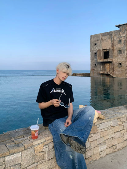 Print Logo Metal Detail Oversize Short Sleeve T-Shirt WN19864