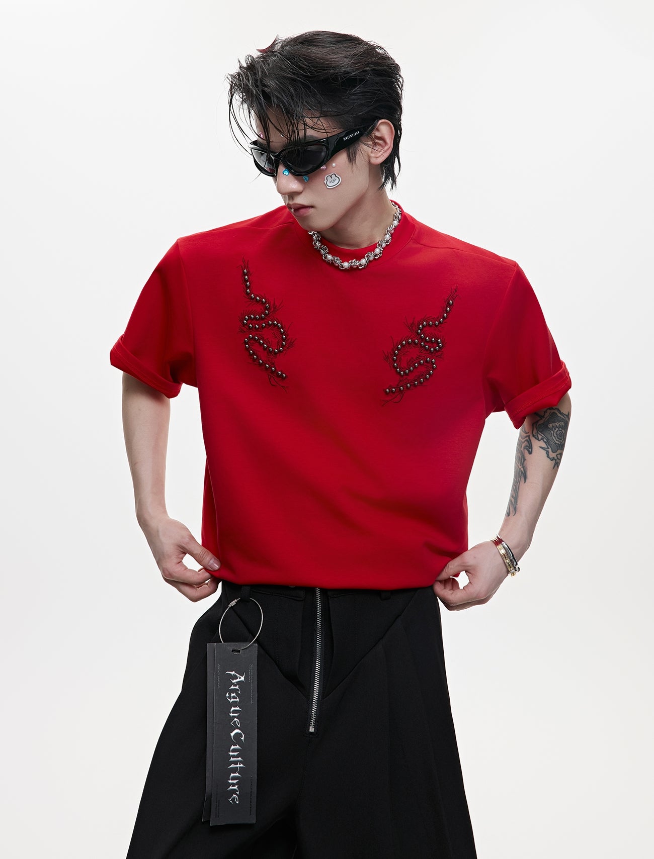 Metal Stud Spine Design Slim Short Sleeve T-Shirt WN18338