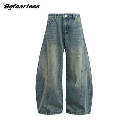 Washed Damage Panel Wide Leg Denim Jeans WN26193