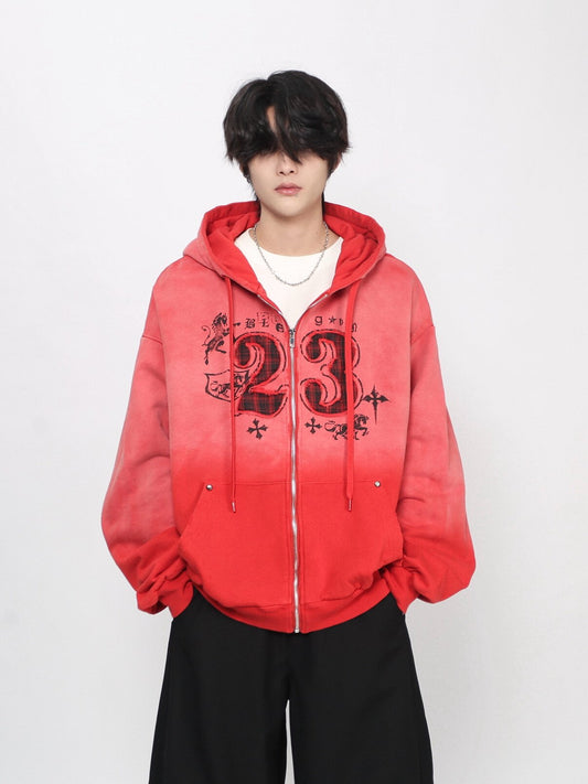 Gradient Embroidery Damage Zipper Hoodie WN24475