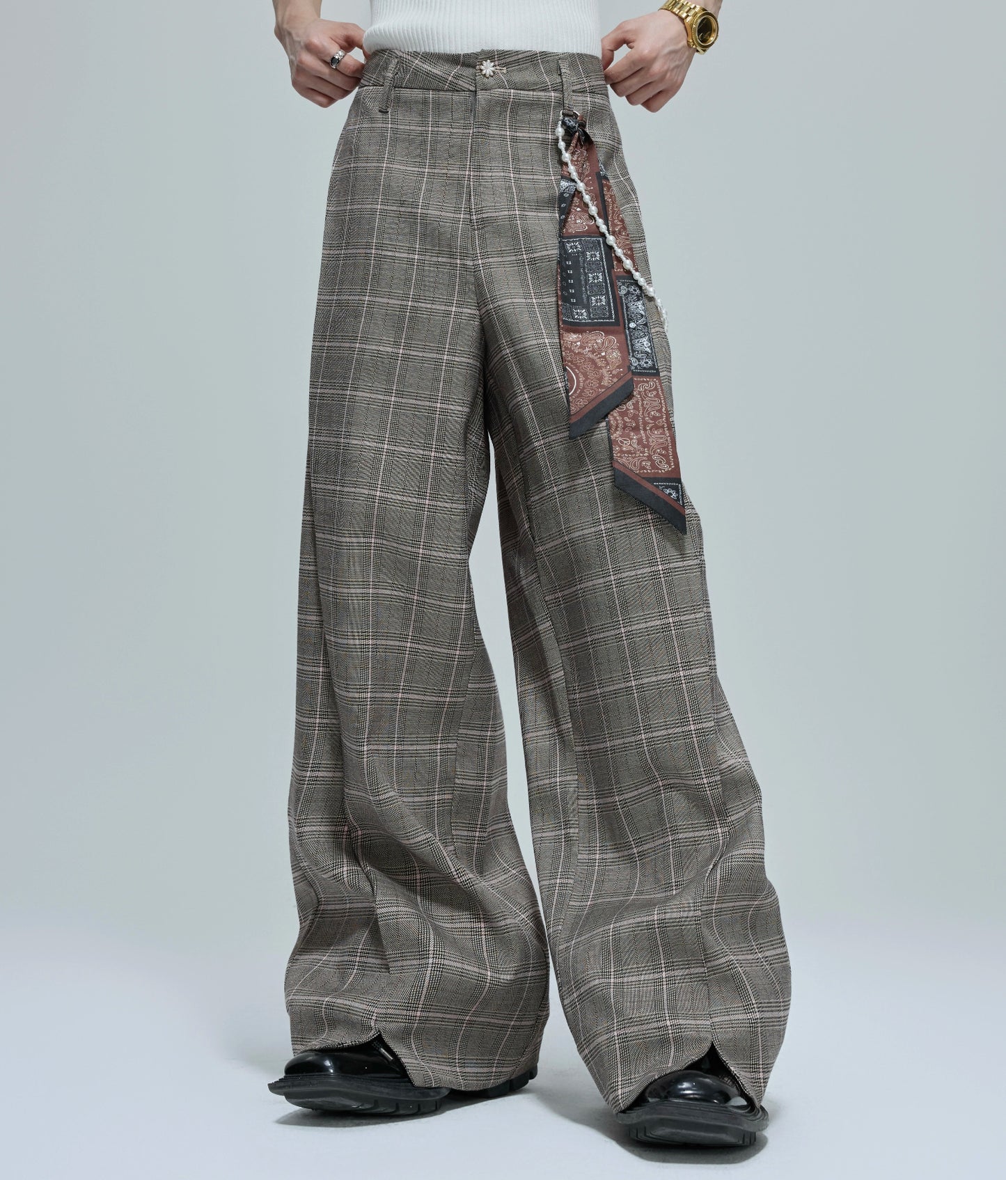 Pearl Houndstooth Lapel Short Jacket & Trousers Setup WN21759