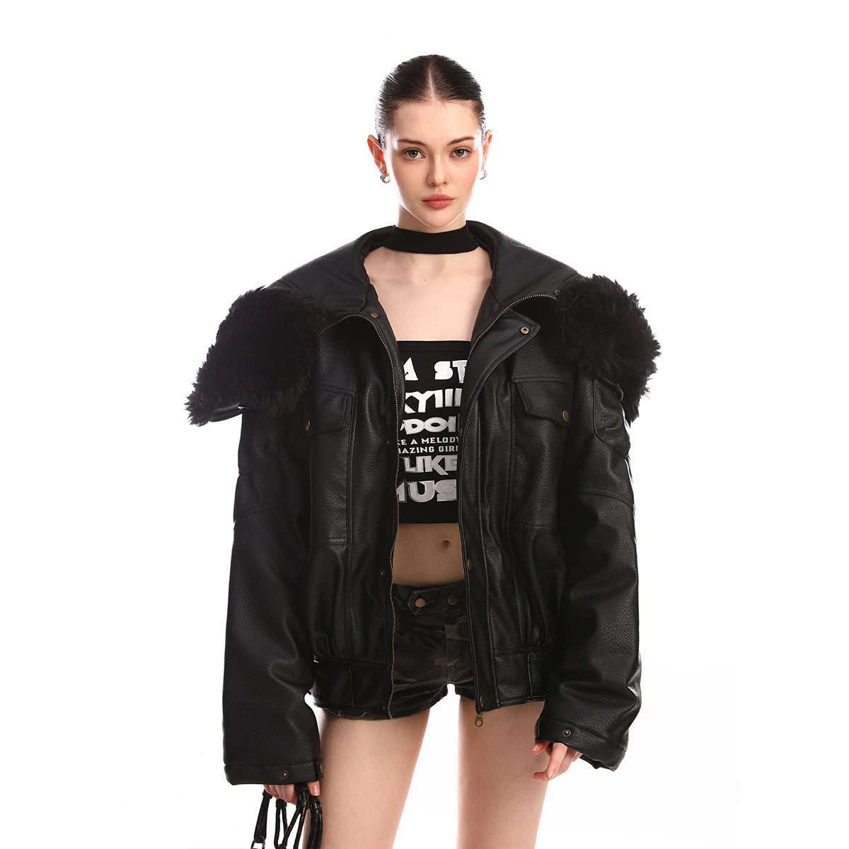 Hooded Fake Fur Collar PU Leather Jacket WN21885