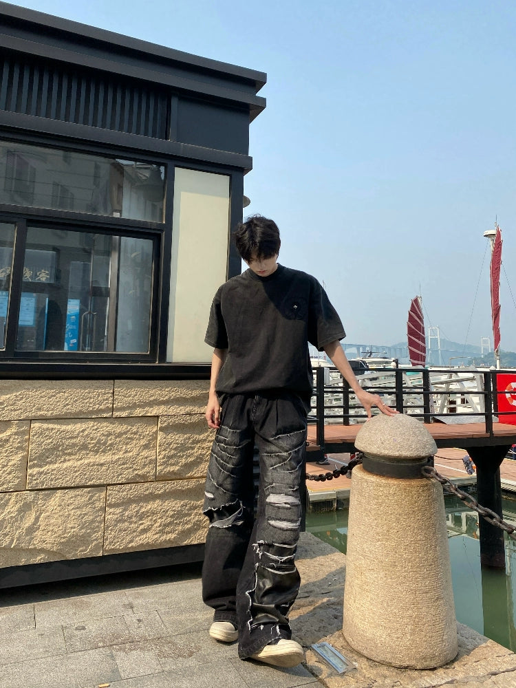 Wash PU Patchwork Tassel Heavyweight Denim Jeans WN20743