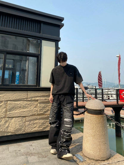 Wash PU Patchwork Tassel Heavyweight Denim Jeans WN20743