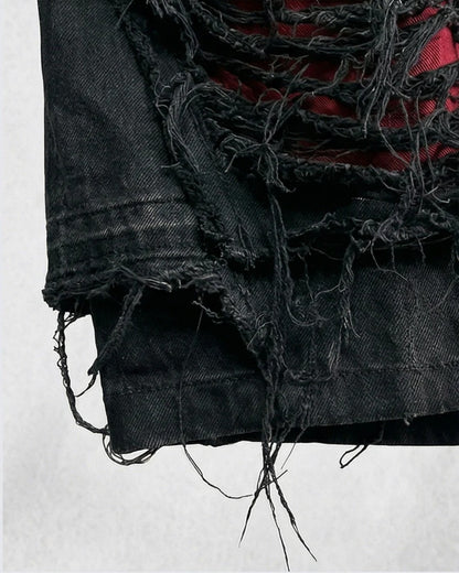 Fake Layered Damage Frayed Wide Leg Denim Half Jeans WN28067