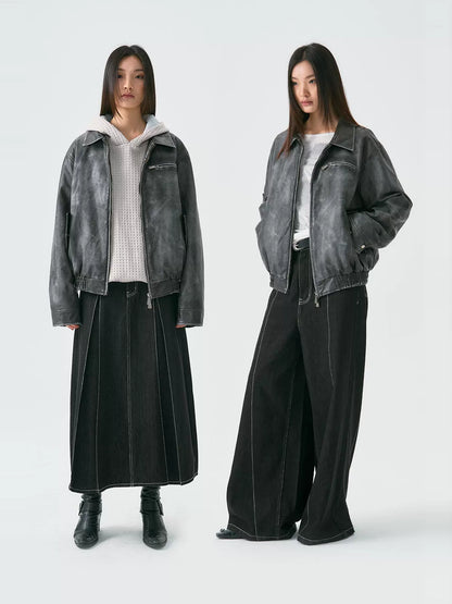 Cross Spray Design Washed PU Leather Jacket WN18929