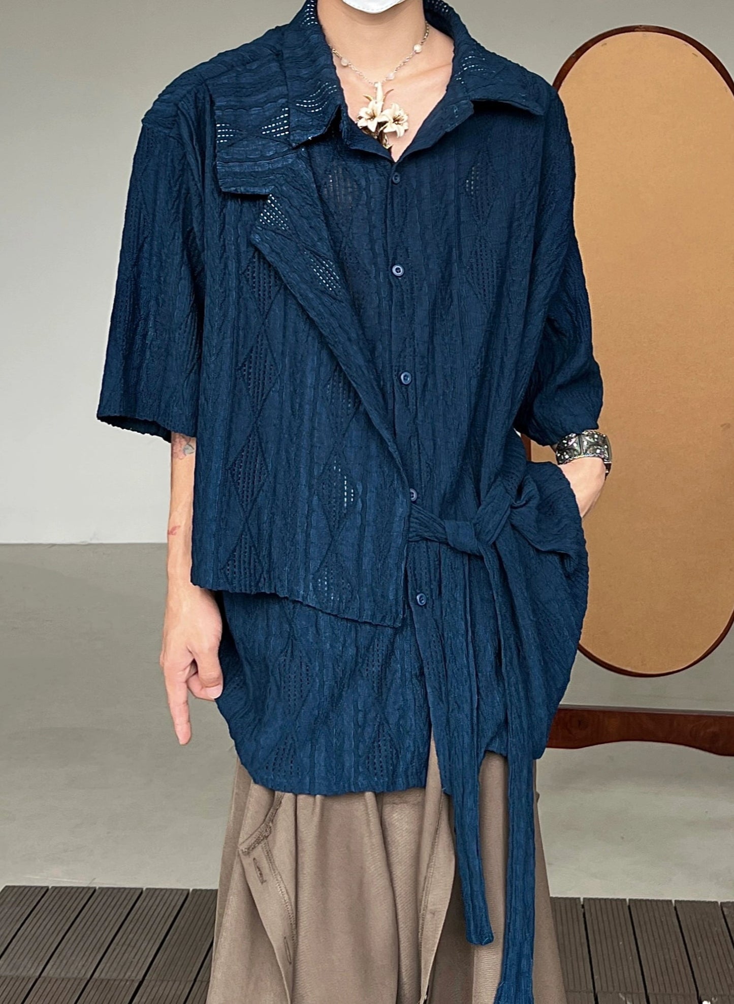 Jacquard Hollow Patchwork Texture Short Sleeve Shirt WN20008