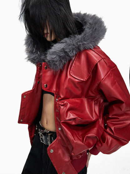 Fake Fur Hooded Short PU Leather Jacket WN27252