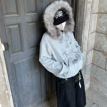 Fake Fur Hood Embroidery Oversize Pullover Hoodie WN24375