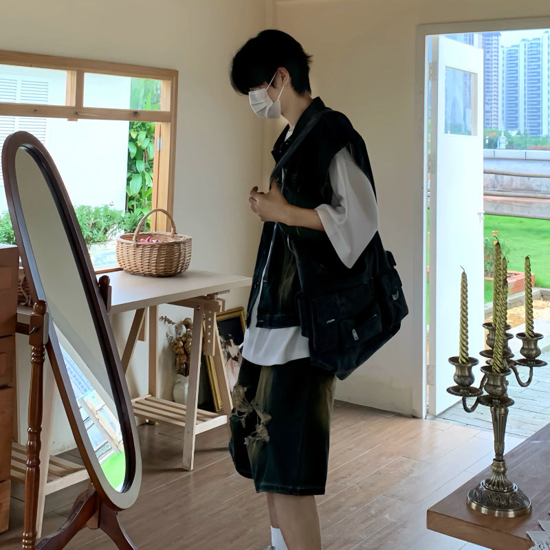 Washed Denim Vest & Damage Denim Half Jeans Setup WN19819