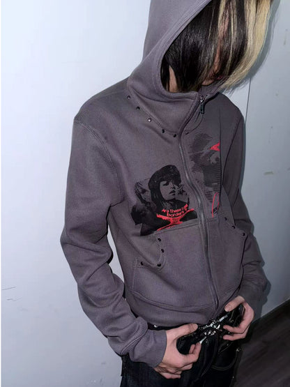 Studs Design Graphic Letter Zipper Hoodie WN20921