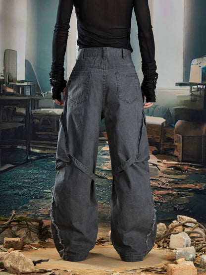 Large Pocket Washed Fringe Straight Cargo Denim Jeans WN20585