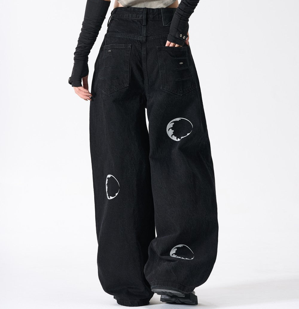 Ripped Circle Print Wide Leg Denim Jeans WN27892