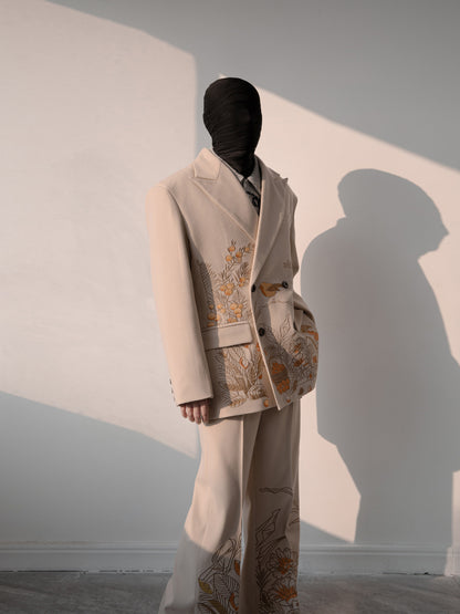 Embroidery Double-Breasted Tailored Jacket & Wide Leg Trousers Setup WN23647