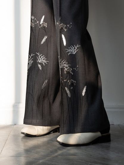 Floral Print Wide-Leg Flare Textured Trousers WN23837