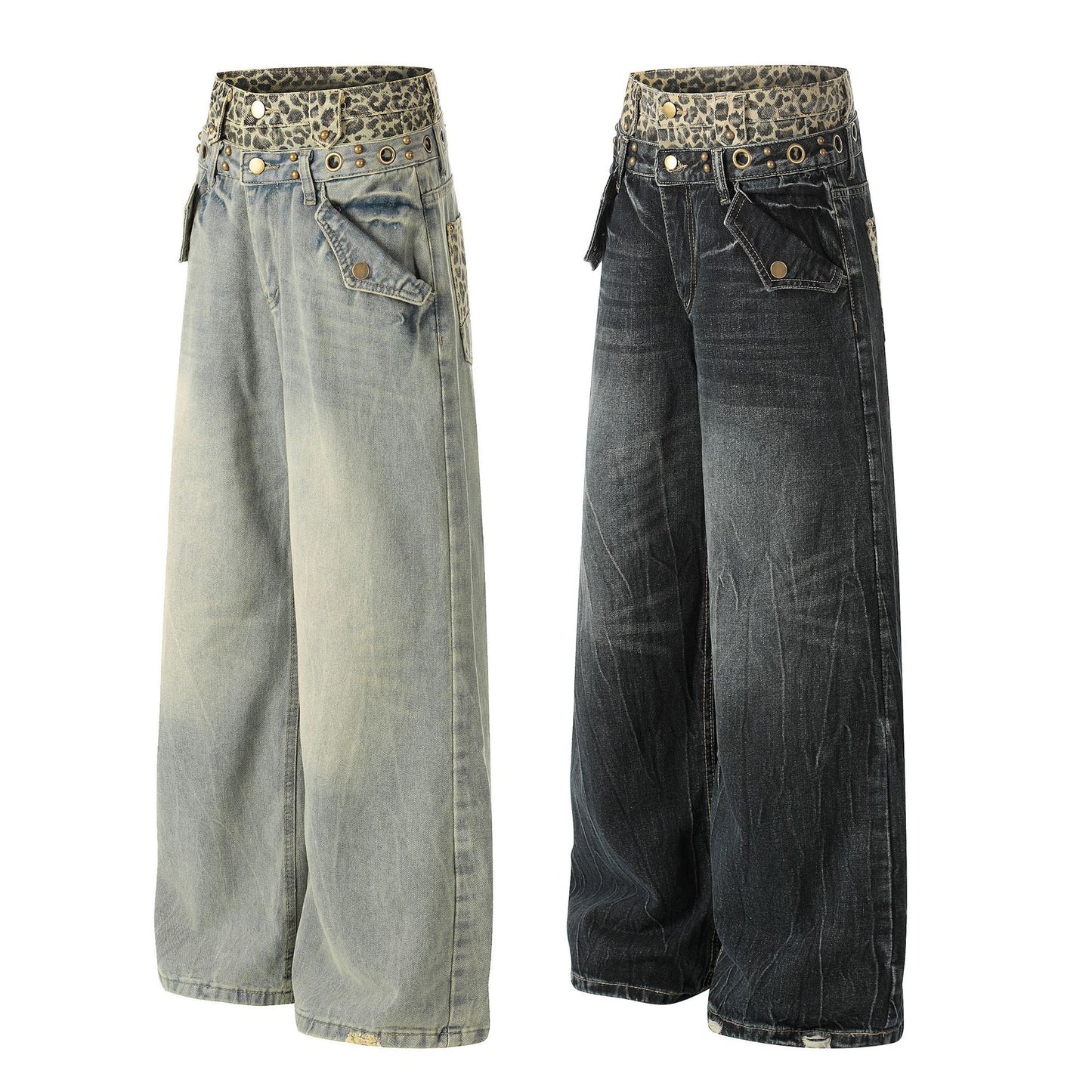 Leopard Waistband Washed Whisker Wide Leg Denim Jeans WN25566