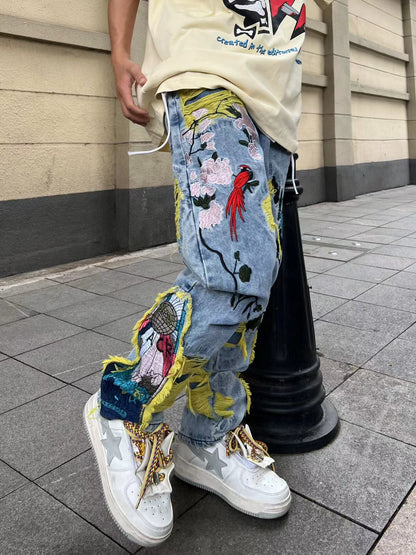 Multi Embroidery Damage Wide Leg Denim Jeans WN24075
