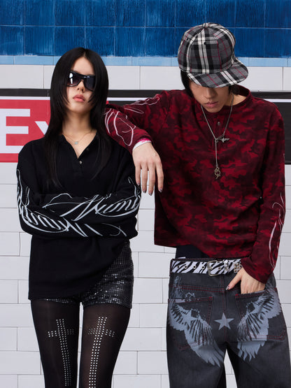 Henley Neck Ribbed Sleeve Graphic Long Sleeve T-Shirt WN27218