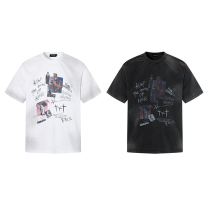 Washed Handwriting Print Short Sleeve T-Shirt WN25809