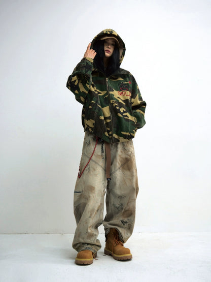 Mud Dye Heavy Wash Wide Leg Curved Hem Denim Jeans WN18178