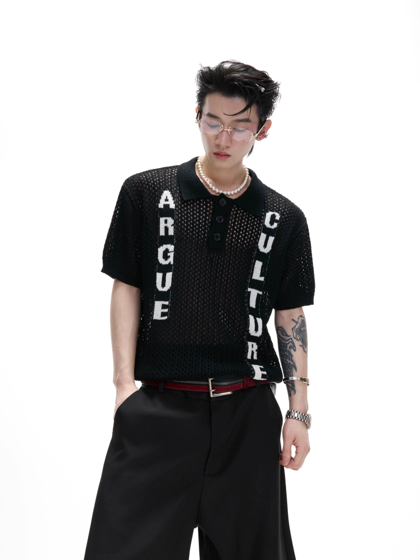 Cutout Jacquard Knit Polo Shirt WN20665