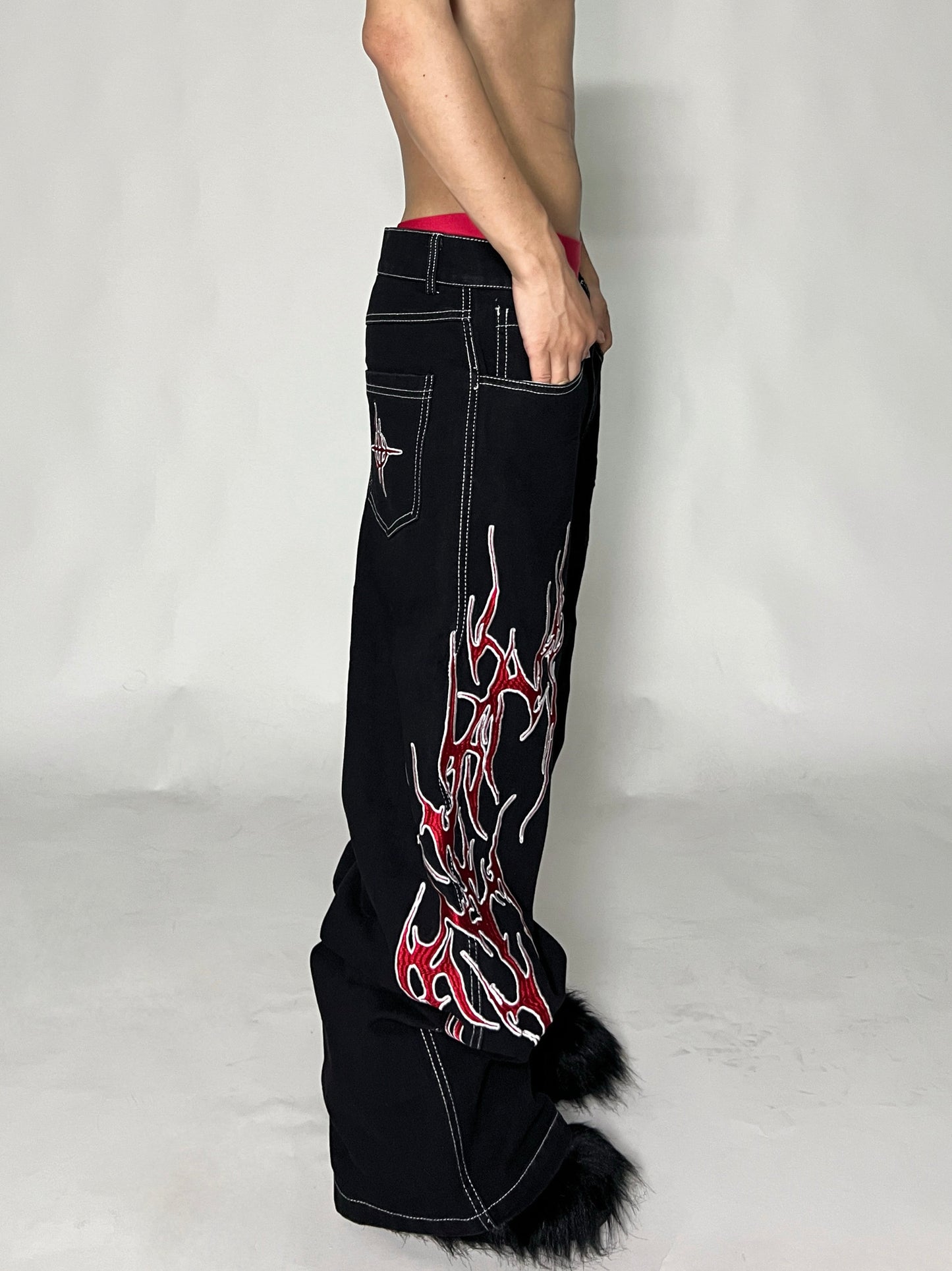Flame Print Wide Leg Denim Jeans WN24133