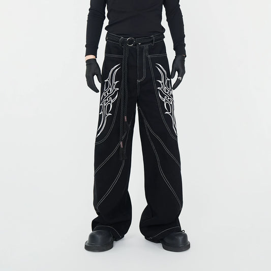 3D Thorn Embroidery Wide Leg Denim Jeans WN17427