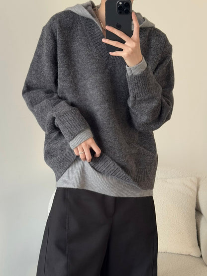 Fake Layered V-Neck Drop Shoulder Hooded Oversize Knit Sweater WN23186