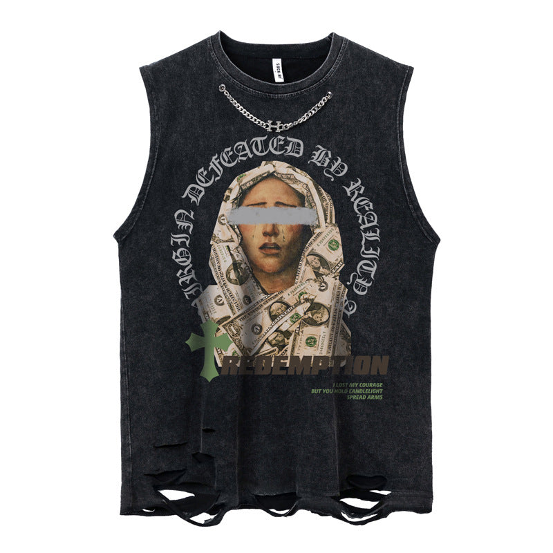 Oversize Washed Damage Graphic Print Tank Top WN16522