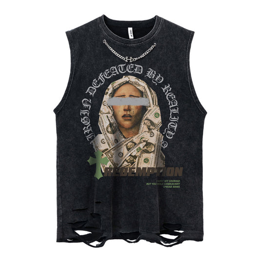 Oversize Washed Damage Graphic Print Tank Top WN16522