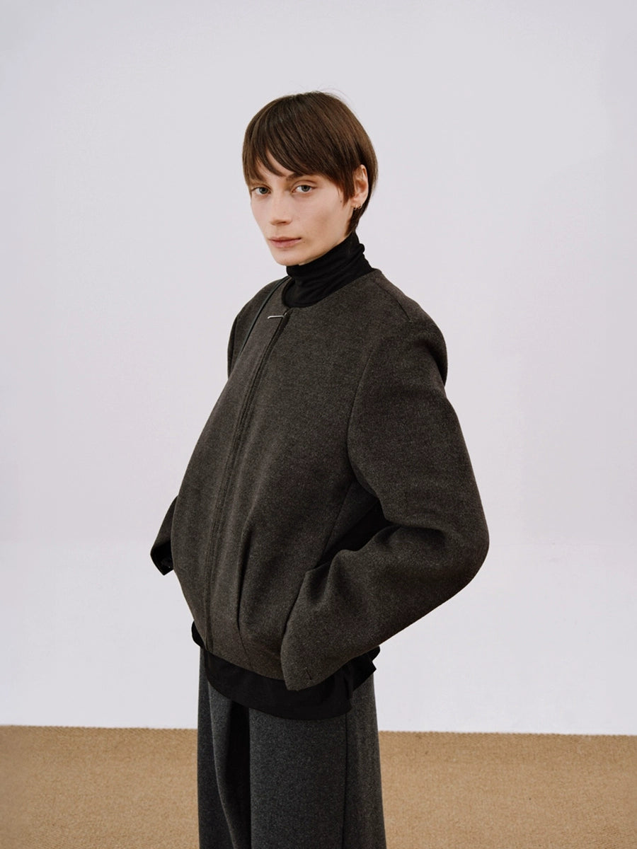 Collarless Wool Zipper Short Jacket WN21552