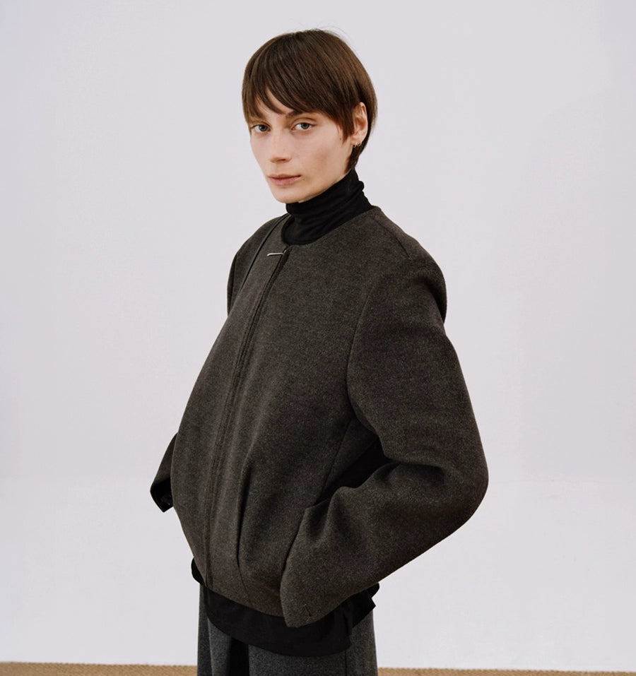 Collarless Wool Zipper Short Jacket WN21552