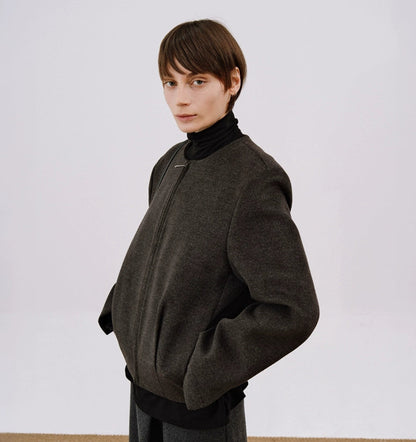 Collarless Wool Zipper Short Jacket WN21552