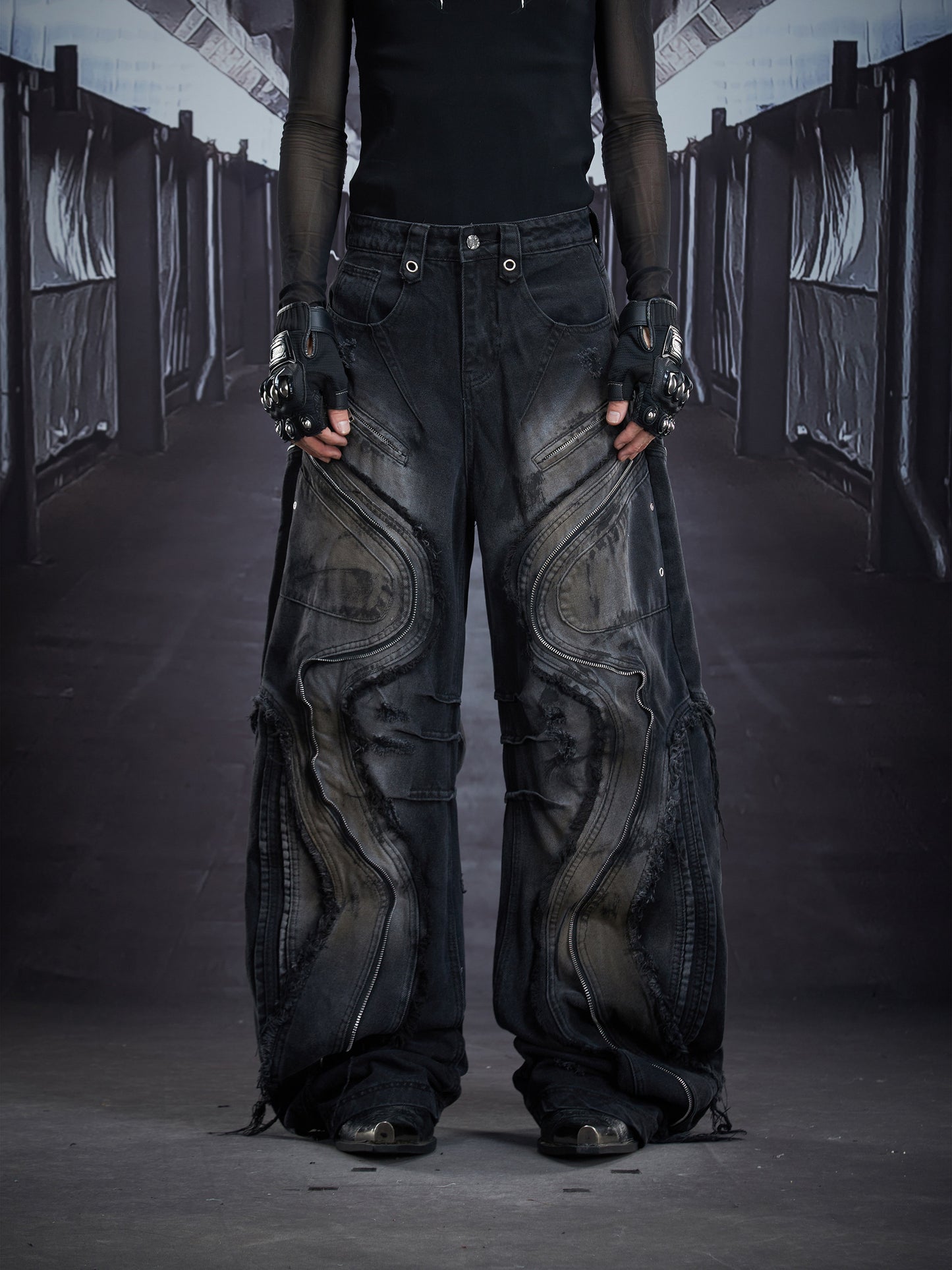 Extra Long Zipper Wash Damage Fringe Barrel Denim Jeans WN22863