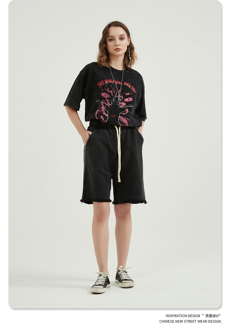 Washed Vintage Raw Edge Short Sweatpants WN6628