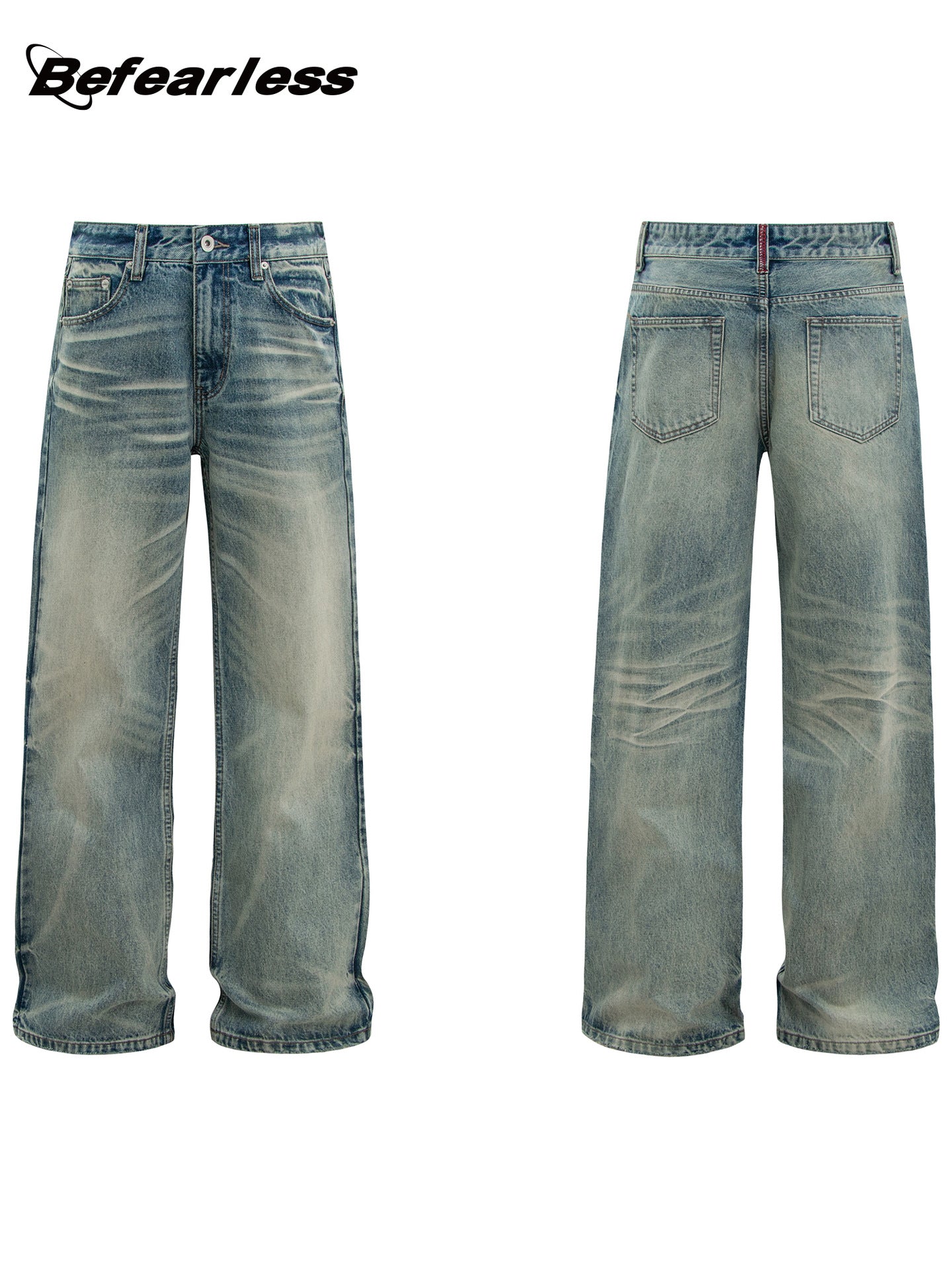 Washed Whisker Straight Wide Leg Denim Jeans WN26356