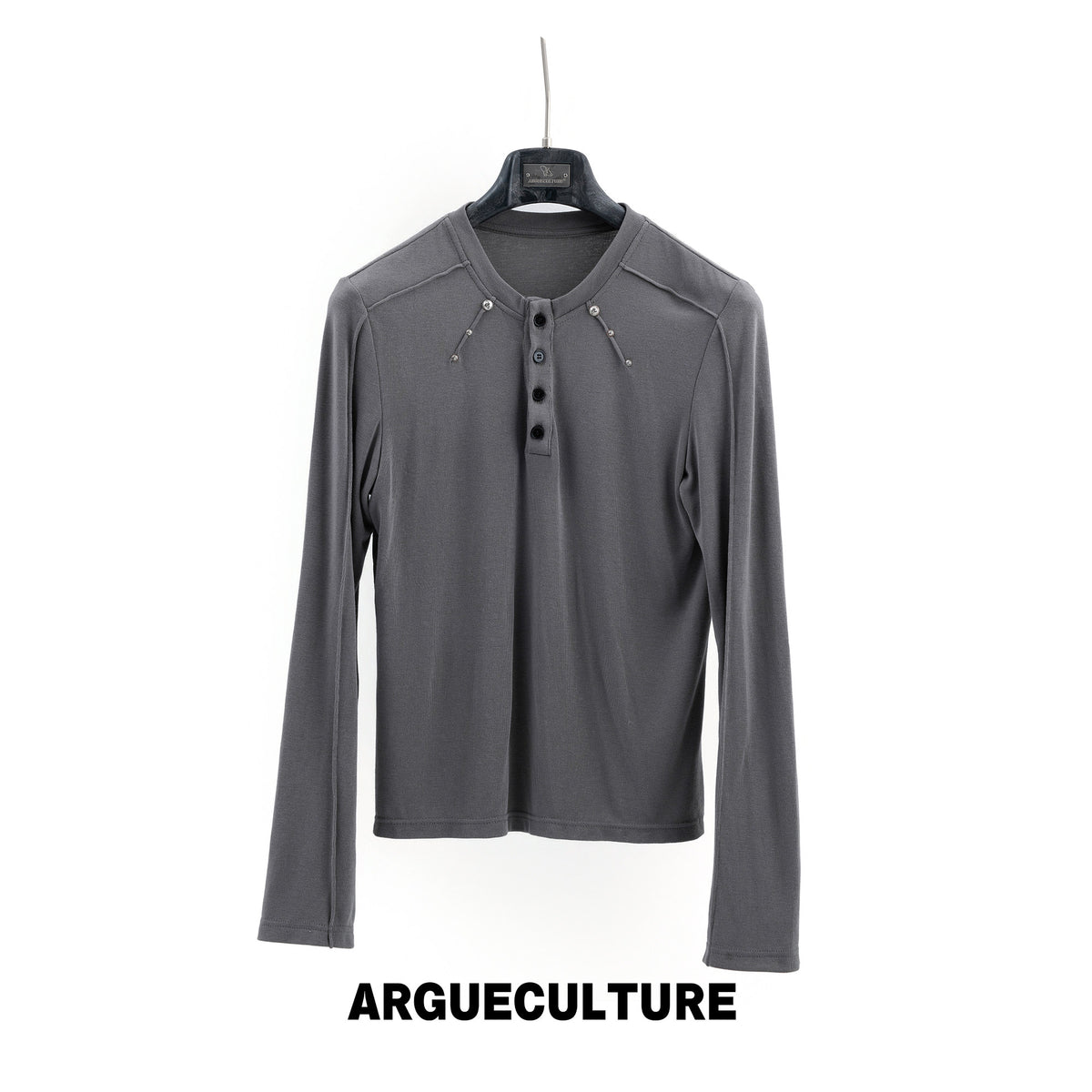 Henley Neck Rivet Stretch Long Sleeve T-Shirt WN27046