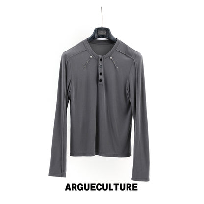 Henley Neck Rivet Stretch Long Sleeve T-Shirt WN27046