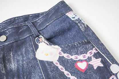 3D Chain Print Curved Leg Cropped Denim Pants WN26838