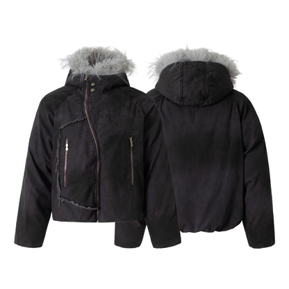 Fake Fur Collar Washed Deconstruction Puffer Jacket WN21925