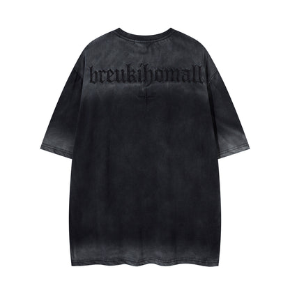 Washed Studded Letter Embroidery Short Sleeve T-Shirt WN26832