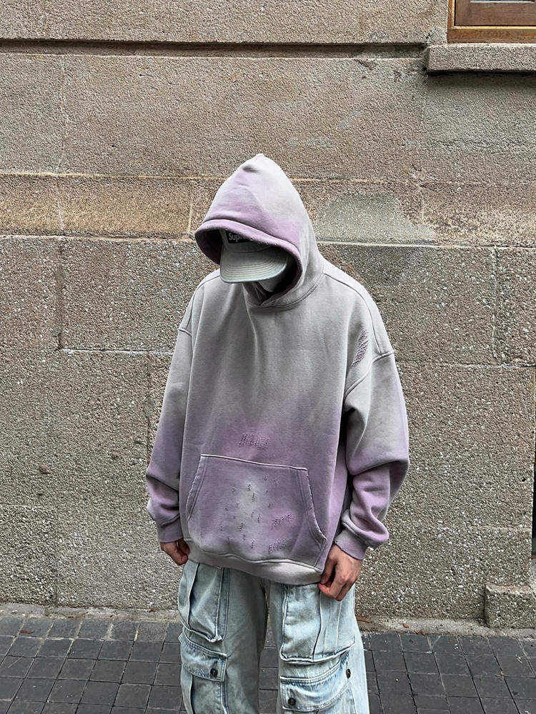 Gradient Tie-Dye Damage Oversize Pullover Hoodie WN24380
