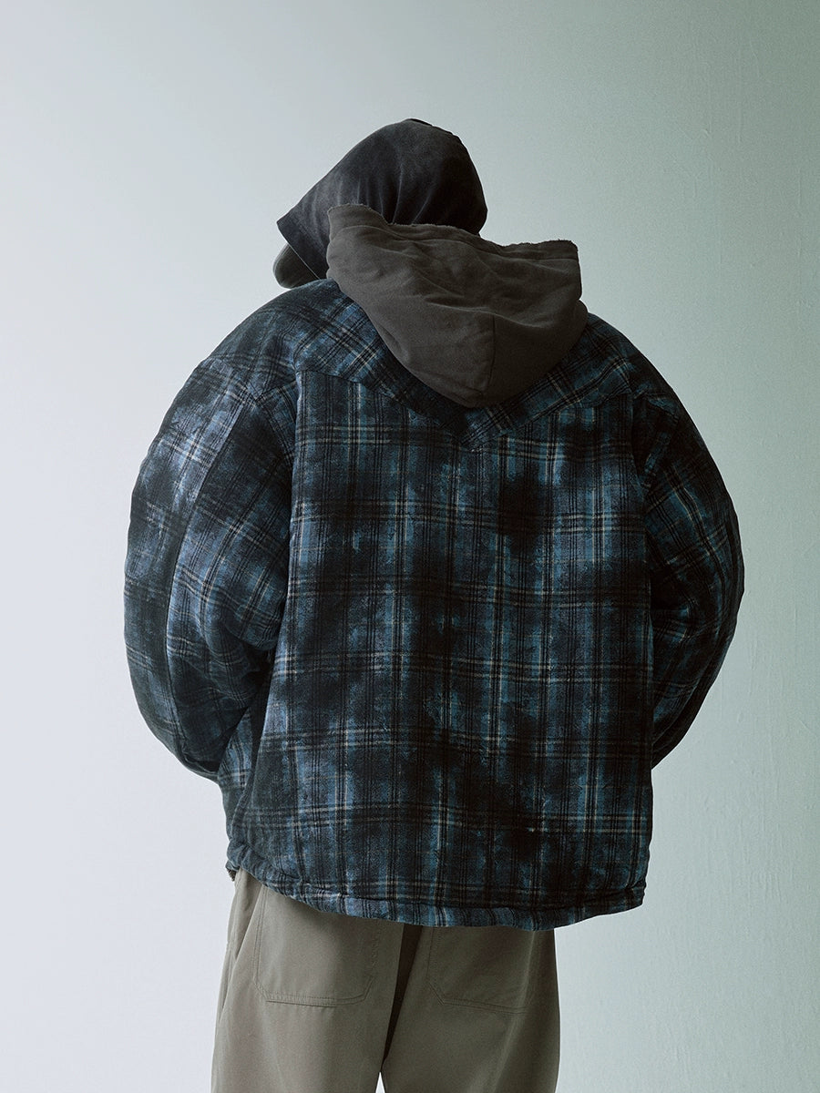 Layered Plaid Washed Hooded Puffer Jacket WN12168