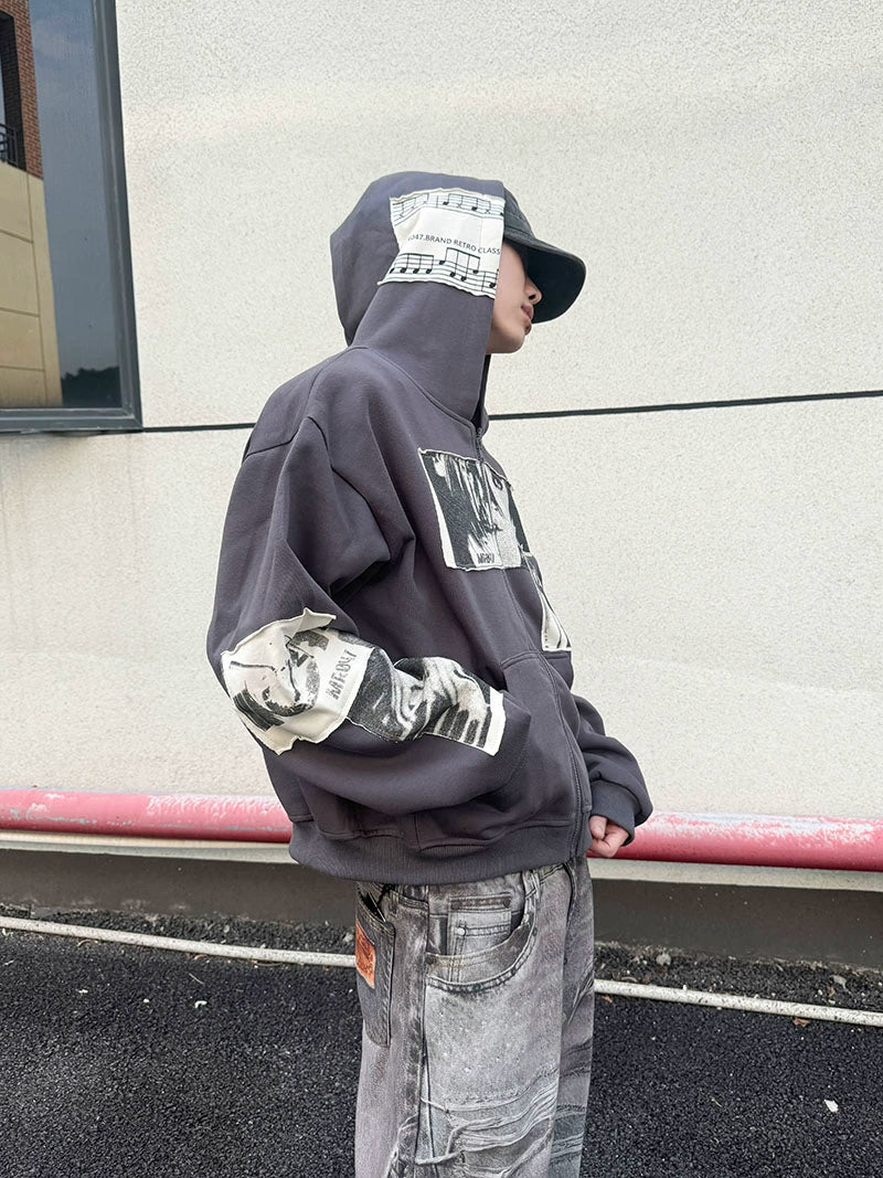 Patch Portrait Oversize Zipper Hoodie WN21157