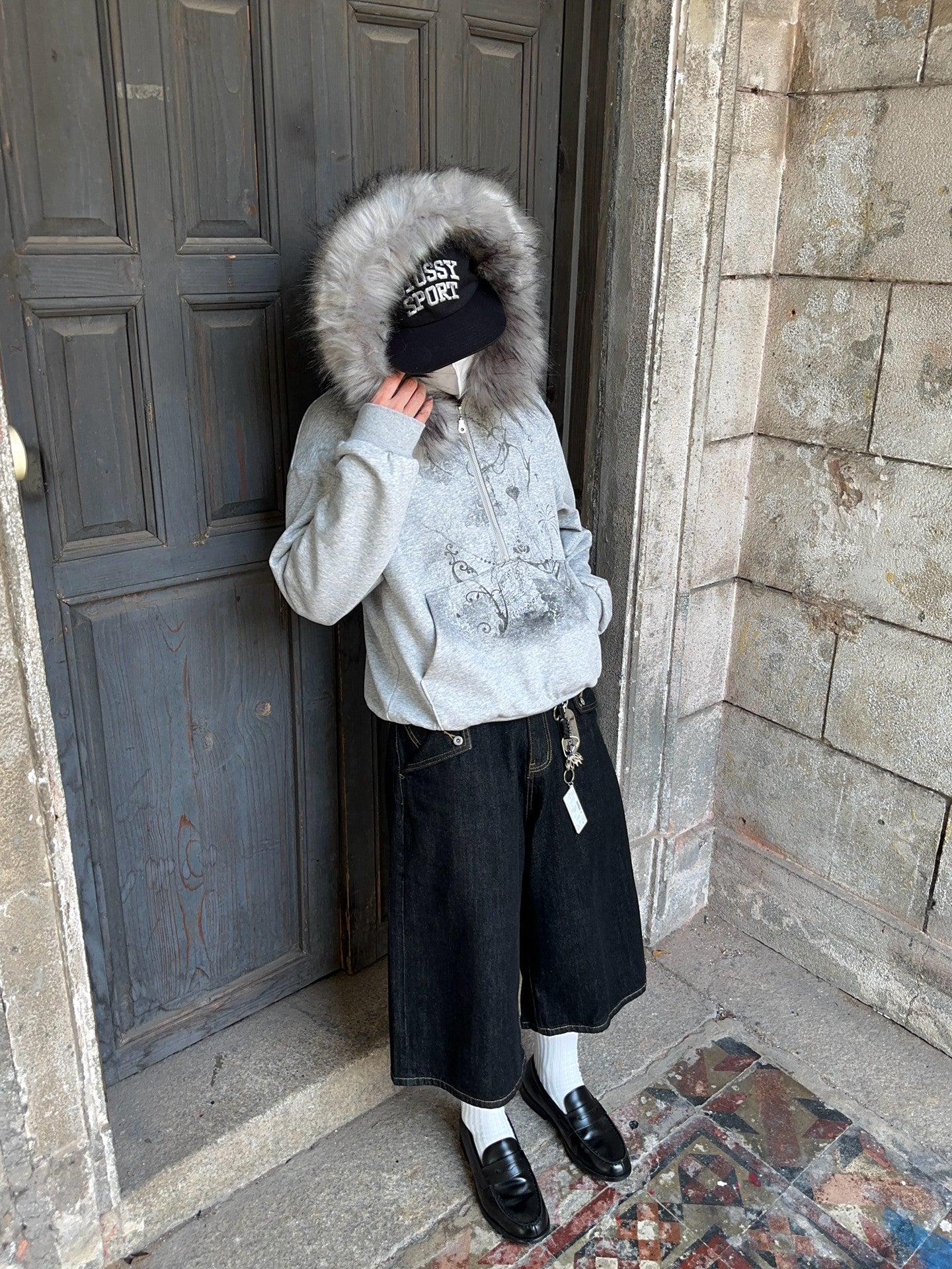 Fake Fur Hood Embroidery Oversize Pullover Hoodie WN24375