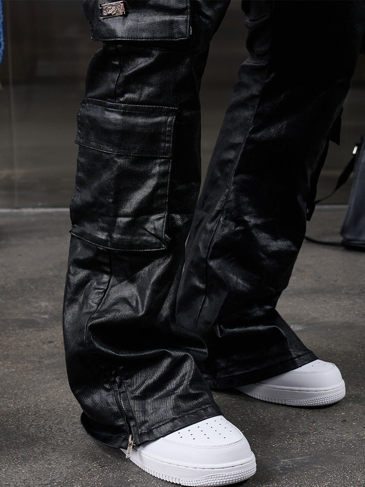 Waxed Heavy PU Leather Straight Cargo Pants WN20973