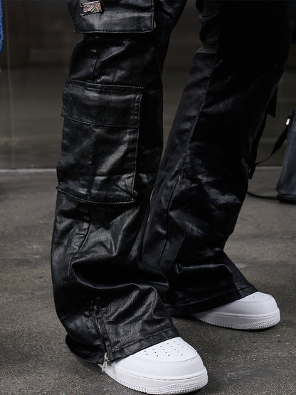 Waxed Heavy PU Leather Straight Cargo Pants WN20973