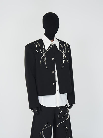 Shoulder-Pad Short Tailored Jacket & Pointed Collar Long Sleeve Shirt & Trousers Setup WN24147