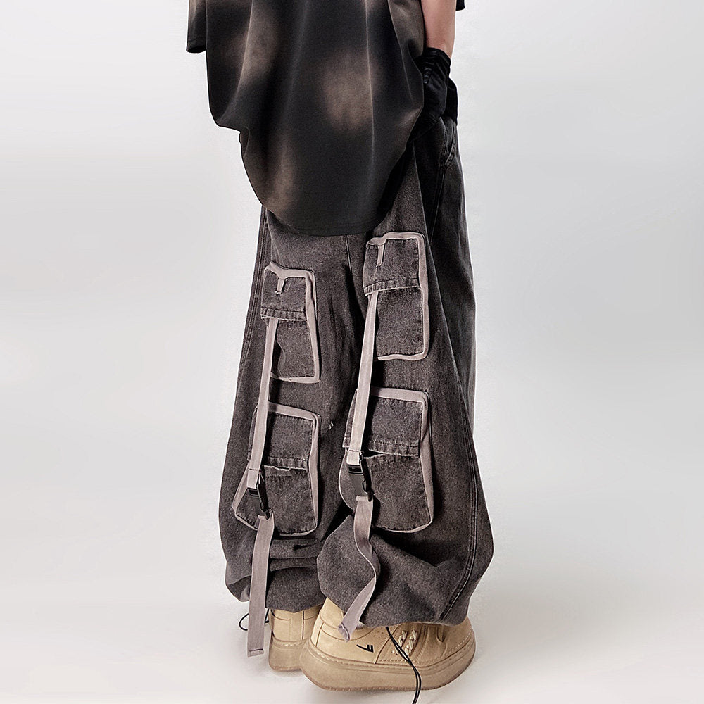Washed Multi-Pocket Wide Leg Denim Jeans WN23998